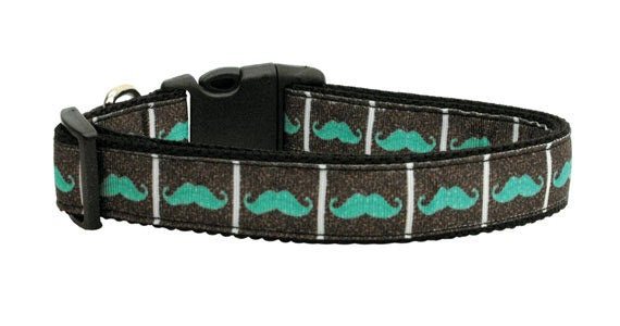 Pet Dog & Cat Nylon Collar or Leash, "Aqua Moustaches"