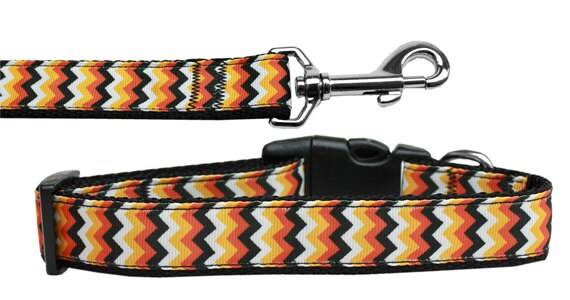 Halloween Pet Dog & Cat Nylon Collar or Leash, "Pumpkin Chevrons"