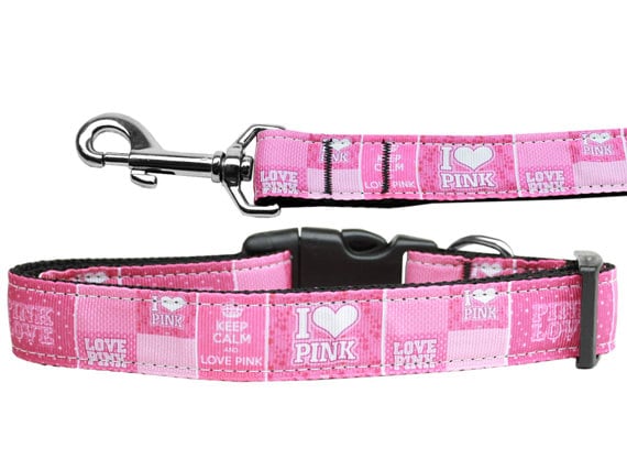 Pet Dog & Cat Nylon Collar or Leash, "I Heart Pink"