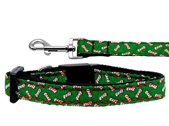 Christmas Pet Dog & Cat Nylon Collar or Leash, "Candy Cane Bones"