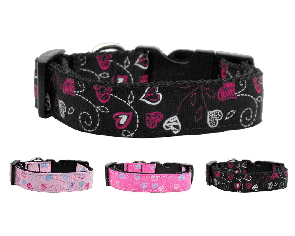 Pet Dog & Cat Nylon Collar or Leash, "Crazy Hearts"