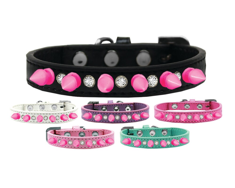 Pet and Dog Spike Collar, "Clear Crystals & Bright Pink Spikes”