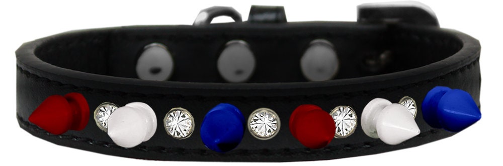 Pet and Dog Spike Collar, "Clear Crystals & Red, White and Blue Spikes”