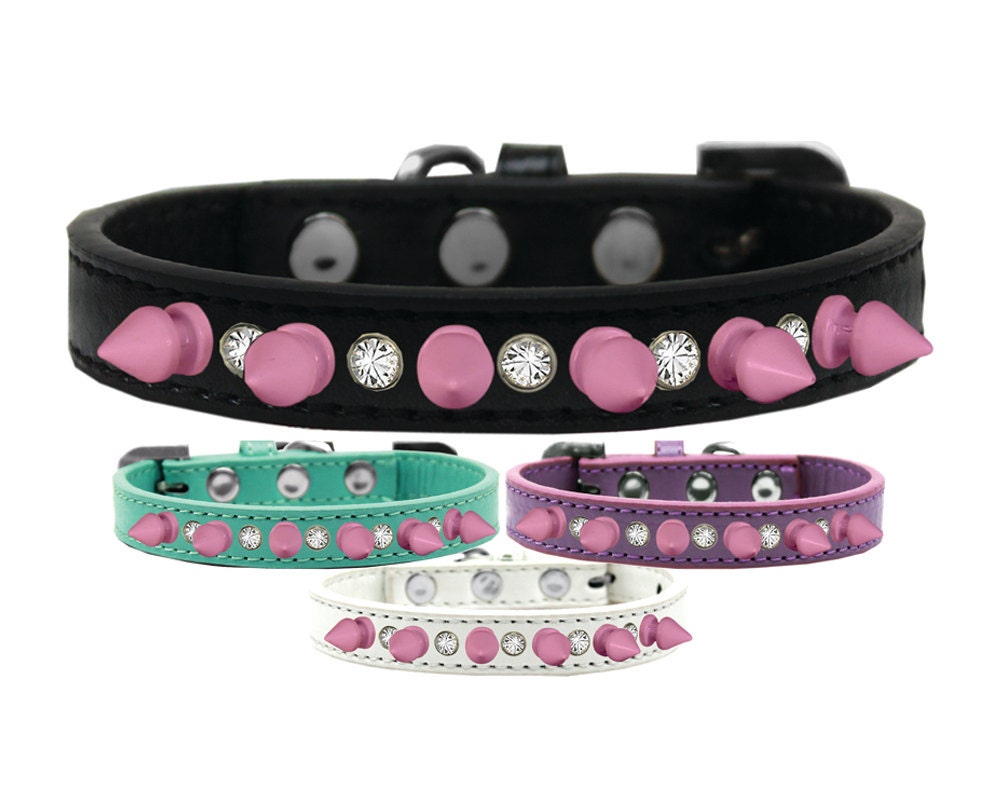 Pet and Dog Spike Collar, "Clear Crystals & Light Pink Spikes”