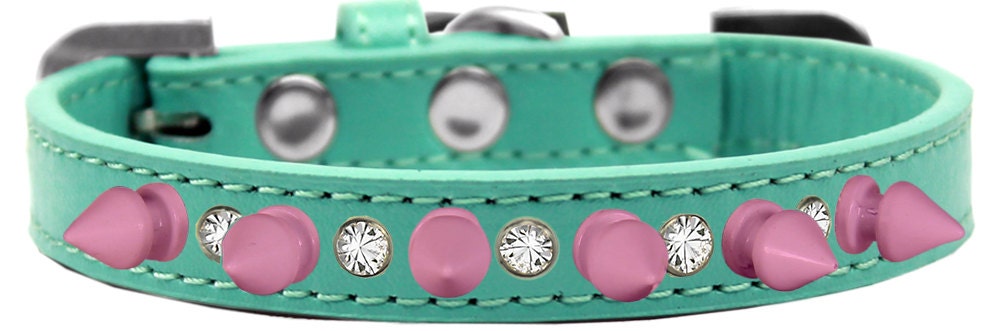 Pet and Dog Spike Collar, "Clear Crystals & Light Pink Spikes”