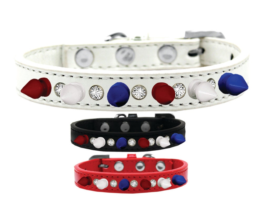 Pet and Dog Spike Collar, "Clear Crystals & Red, White and Blue Spikes”