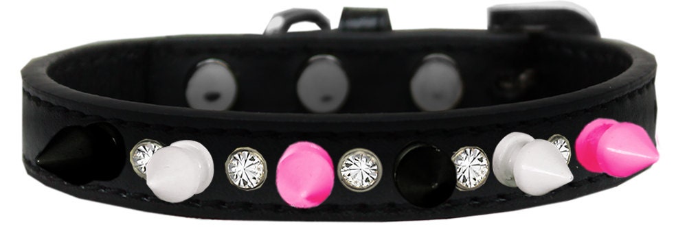 Pet and Dog Spike Collar, "Clear Crystals & Black, White and Bright Pink Spikes”