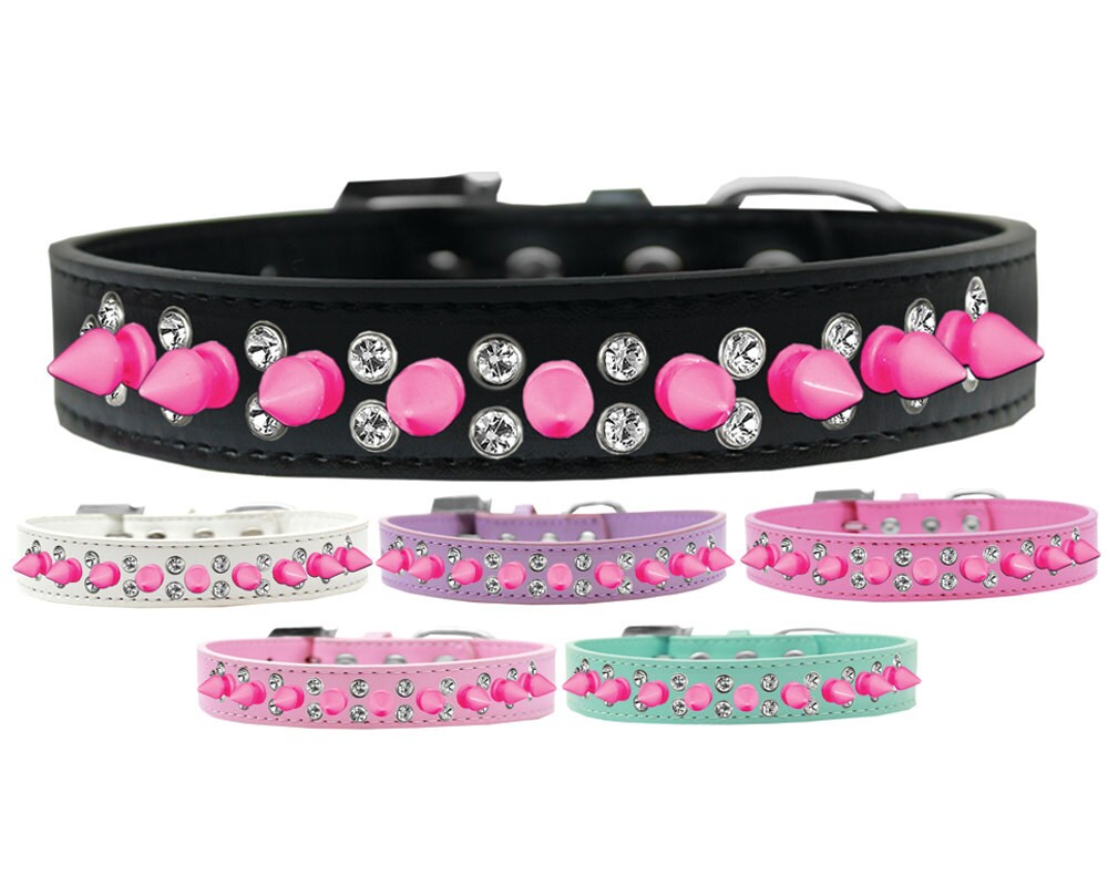 Pet and Dog Spike Collar, "Double Crystal & Bright Pink Spikes"